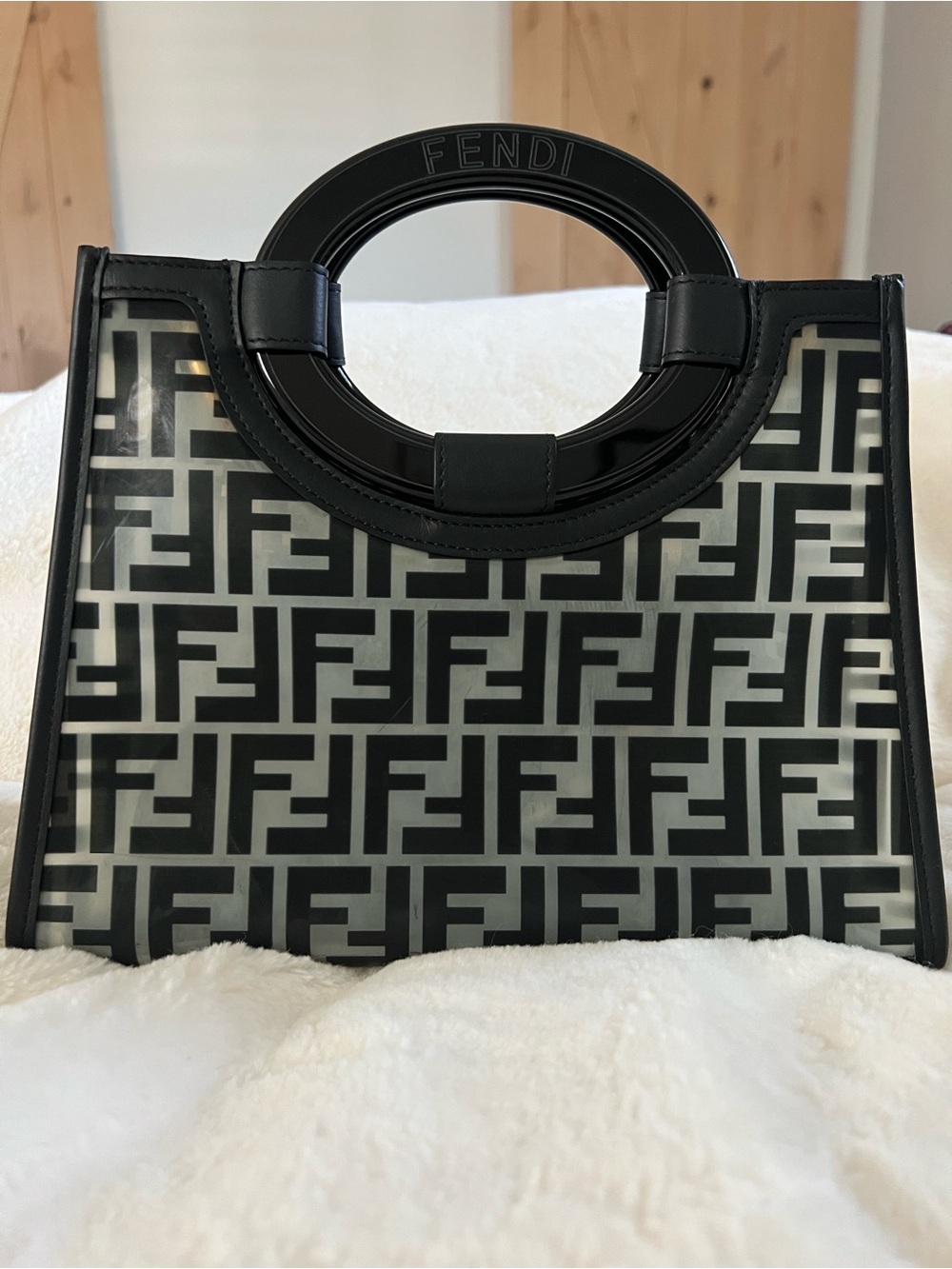 Fendi Black and White Logo Circle-Handle PVC Runaway bag